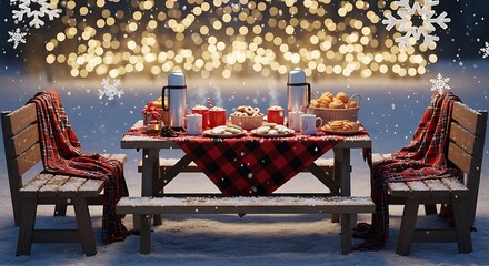 Cozy outdoor christmas dinner table set for two with twinkling lights