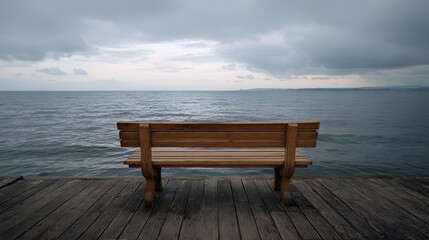 A lone wooden bench sits on a weathered pier overlooking a calm overcast sea under a grey sky