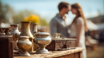 Romantic couple embraces in soft background focus with antique vintage objects displayed on a table outdoors