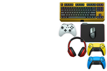 Gaming mouse, controller, RGB keyboard and headphones displayed in flat lay style isolated on white background with clipping path.
