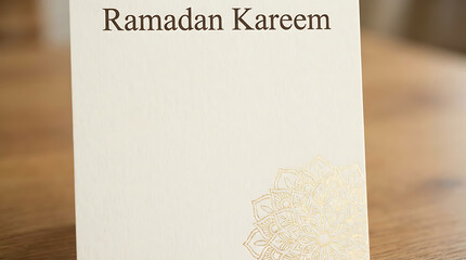 Ramadan Kareem Greeting Card on Wooden Table.