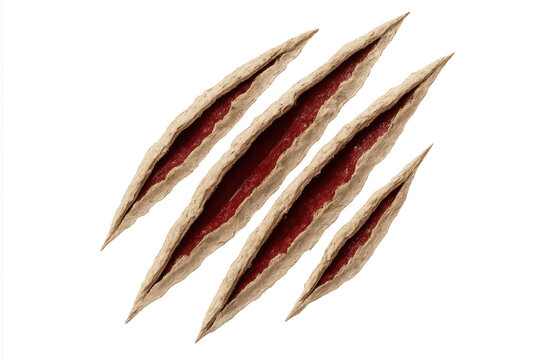 Ripped claw marks showing deep wounds and blood with visible flesh on transparent background for horror concept