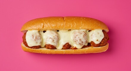 Delicious meatball sub sandwich with cheese against bright pink background