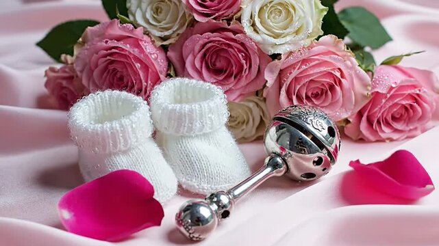 Delicate pink and white roses adorn a soft pink fabric, with tiny baby booties and a silver rattle