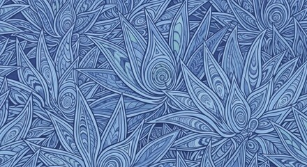 Abstract blue pattern of stylized organic shapes and swirling lines.