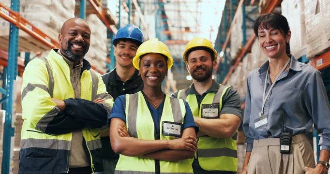 Arms crossed, collaboration and face of team in logistics warehouse for distribution or shipping. Confidence, smile and supply chain with happy employee group in factory for quality control of stock