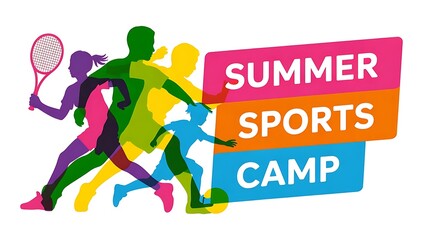 Vibrant summer sports camp logo with diverse athletes
