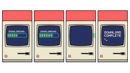 Retro Computer Download Process Stages Illustration.