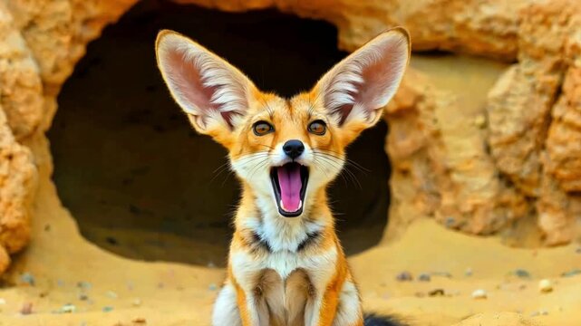 Adorable fennec fox with enormous ears sits alertly outside its desert den entrance showcasing unique wildlife photography potential