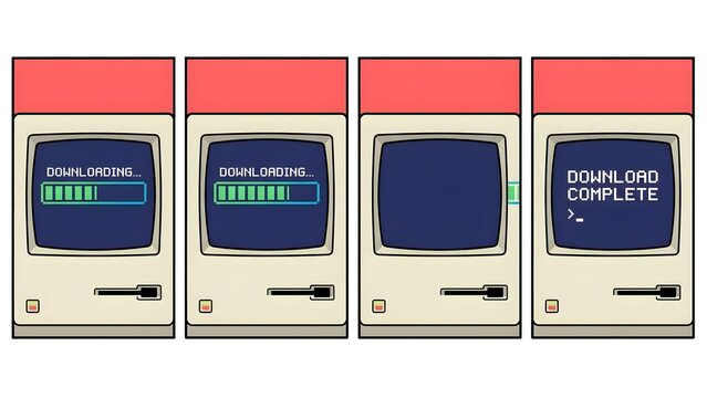 Retro Computer Download Process Stages Illustration. - Powered by Adobe