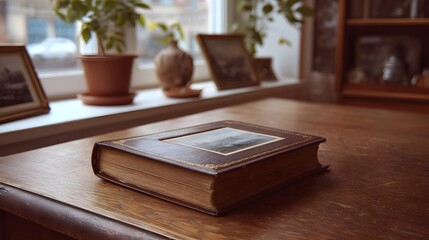 A vintage leather bound photo album rests on a rustic wooden table with plants and framed pictures visible near a window in the background