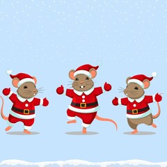Funny cartoon mice in Santa costume dancing in winter snow. Cute Christmas vector illustration with copy space, perfect for kids greeting cards, posters, social media and banners.
