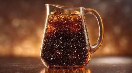 A transparent pitcher of starry soda glows under overhead lighting, surface shimmering with tiny effervescent stars. Clean reflective surface