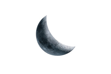 Crescent moon with visible craters against a black night sky space, Png, Isolated on Transparent Background, Cut Out