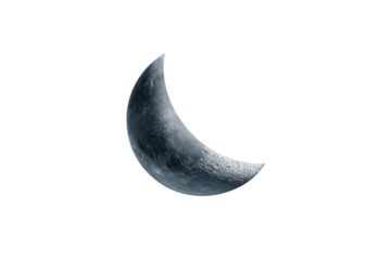 Crescent moon with visible craters against a black night sky space, Png, Isolated on Transparent Background, Cut Out
