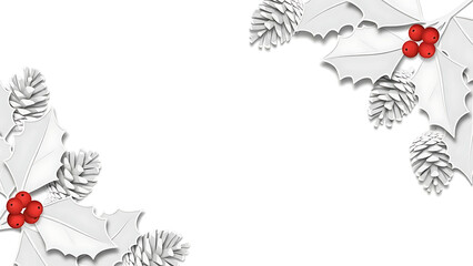 Illustration of snowy pine branches with red berries on white background for winter decoration