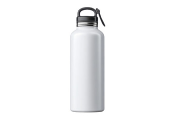 White metal water bottle with black lid and handle on black background steel, Png, Isolated on Transparent Background, Cut Out