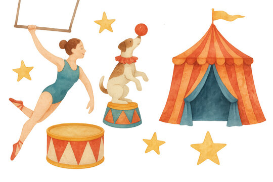Circus show elements collection with acrobat on a trapeze, performing dog, big top tent, and drum, watercolor style