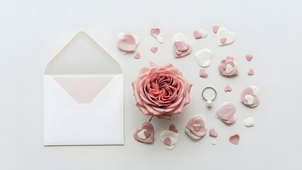 Valentine's day composition with rose, blank envelope, and hearts on white background, top view, flat lay