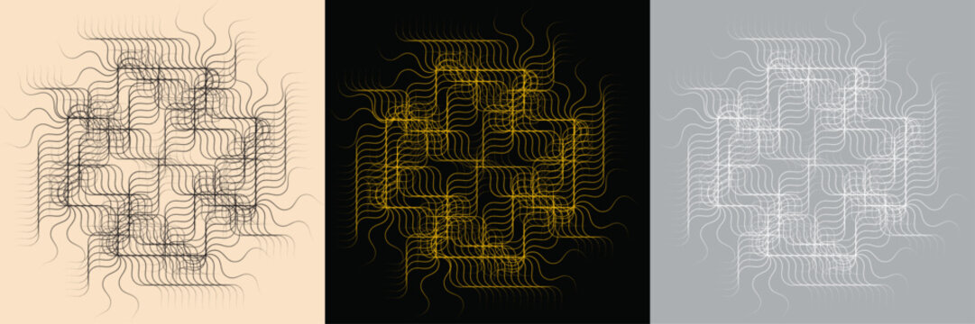 Geometric wave grid mandala, wavy circuitry triptych vector illustration.