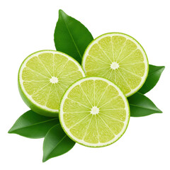 Three lime slices with leaves isolated on transparent background