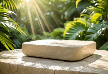 Natural stone podium background with tropical palm leaves and bright sunlight. 3D rendering of rock pedestal for organic skincare product display mockup.