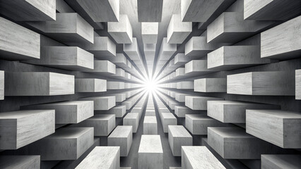 A grayscale abstract image featuring a central focus with radiating, extruded block-like structures. The composition appears to be a zoom effect from a central point, with the blocks growing larger an