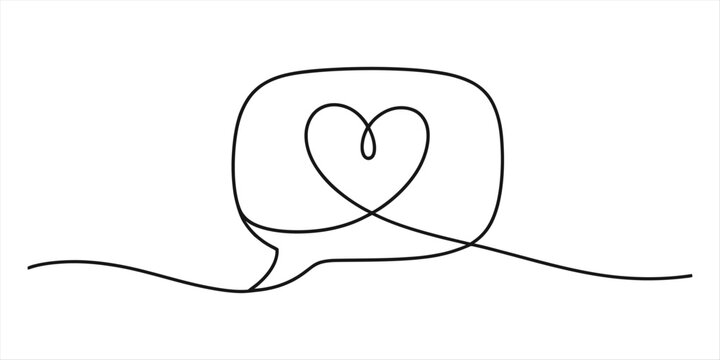 A continuous line art drawing of a speech bubble containing a heart symbol Vector, illustration