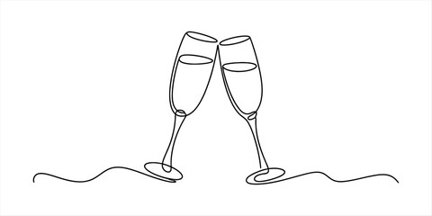 Continuous line drawing of two champagne flutes clinking in a celebratory toast Vector, illustration © RK Drawing Gallery
