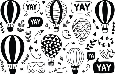 Black and white hot air balloons with yay speech bubbles and leaves