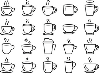 Black and white line of various coffee cups with saucers and steam rising tea cups mugs
