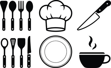 Black and white kitchen utensils and dishware cooking chef hat