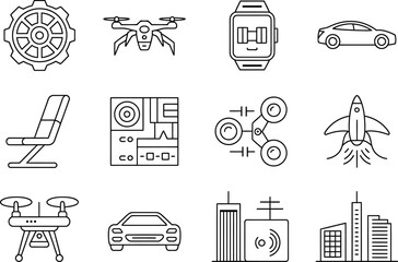 Black and white line of various technology and transportation line black and white drone