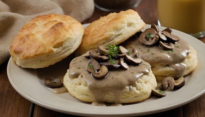 buttermilk biscuits and mushroom gravy on a plate