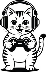 Black and white of a cat wearing headphones holding a game controller cartoon