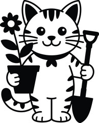 Black and white of a cat holding a flower pot and shovel gardening