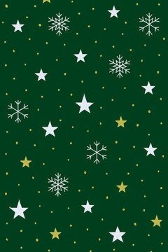 Seamless dark green pattern with white snowflakes and golden stars