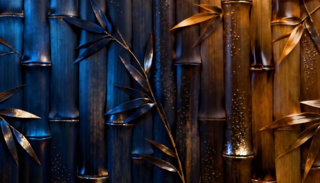 Closeup of vertical bamboo stalks and leaves transitioning from metallic blue on left to warm gold on right with glittering specks