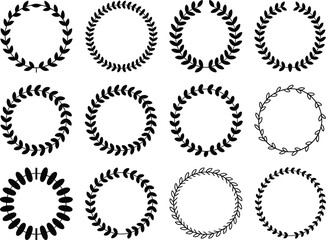 Black laurel wreath on white background circular leaves floral pattern © Montaj_A