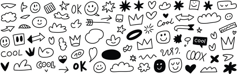 Black doodle and text on white background doodles smiley faces