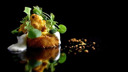 Exquisite gourmet dish featuring crispy fried elements on a black background with fresh herbs and creamy sauce