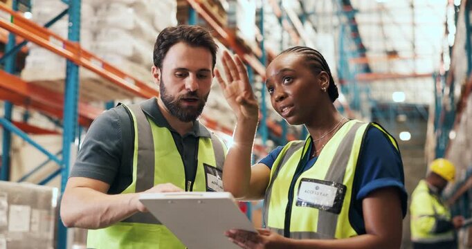 People, clipboard and warehouse with inventory checklist for stock control or storage inspection. Man, woman or distributor with order list for shipping service, supply chain or logistics in depot