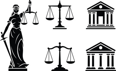 Blind justice statue with scales and courthouse buildings