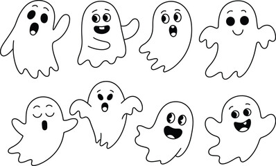 Cartoon ghosts with different facial expressions white black