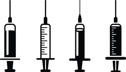 Four black and white medical syringes with needles on white background healthcare
