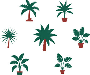 Green palm trees and potted plants on white background green leaves brown pots