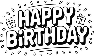 Happy Birthday text with gift boxes and confetti