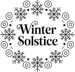 Winter solstice text with snowflakes and circles on white background black text