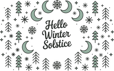 Winter solstice greeting card with moons snowflakes trees and stars