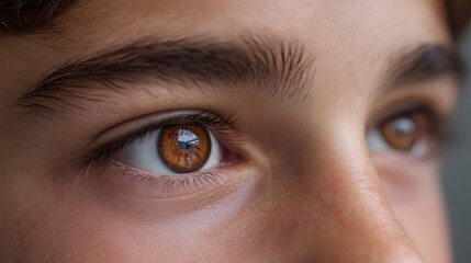 Naklejka premium Close up portrait of a young person s eye showcasing a warm brown iris with intricate details and a soft reflection